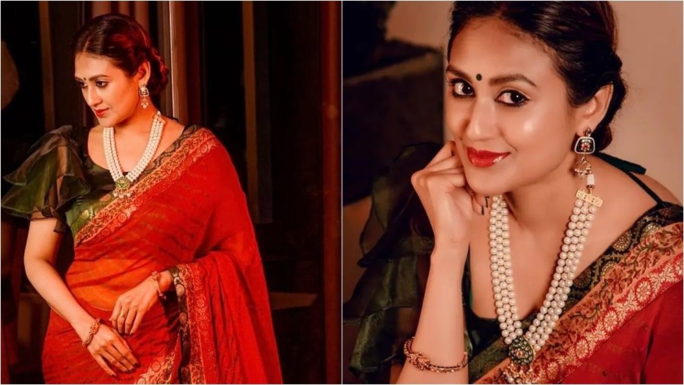 লাল শাড়িতে স্নিগ্ধতা ছড়ালেন কুসুম শিকদার