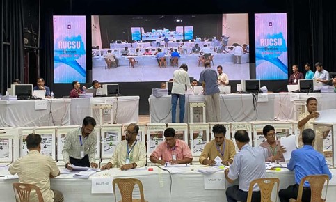 রাকসুর ভোট গণনা দেখানো হচ্ছে এলইডি স্ক্রিনে