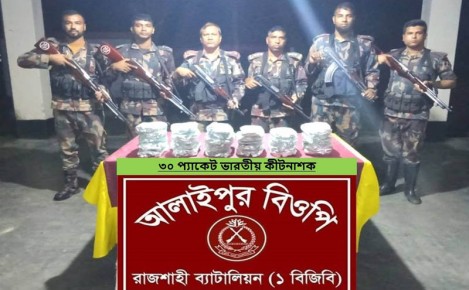 বাঘা সীমান্তে বিজিবির অভিযানে ভারতীয় মদ ও কীটনাশক জব্দ